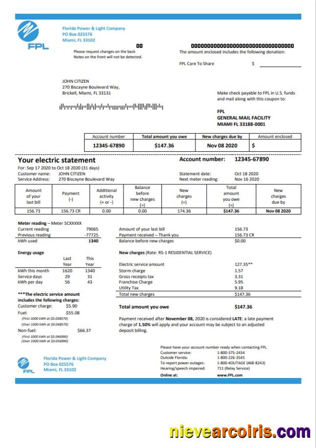 USA Florida Power & Light Company FPL electricity utility bill